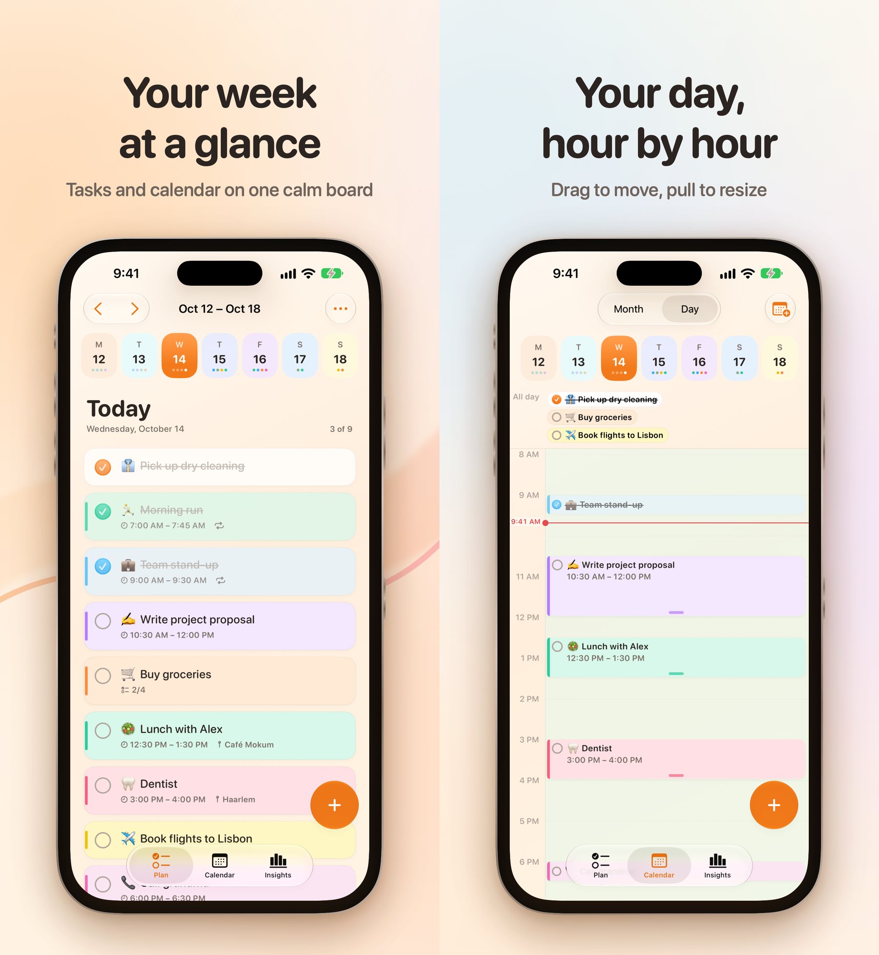 Twee App Store-screenshots van CalenDo op iPhone: de week in één oogopslag en een dagindeling van uur tot uur
