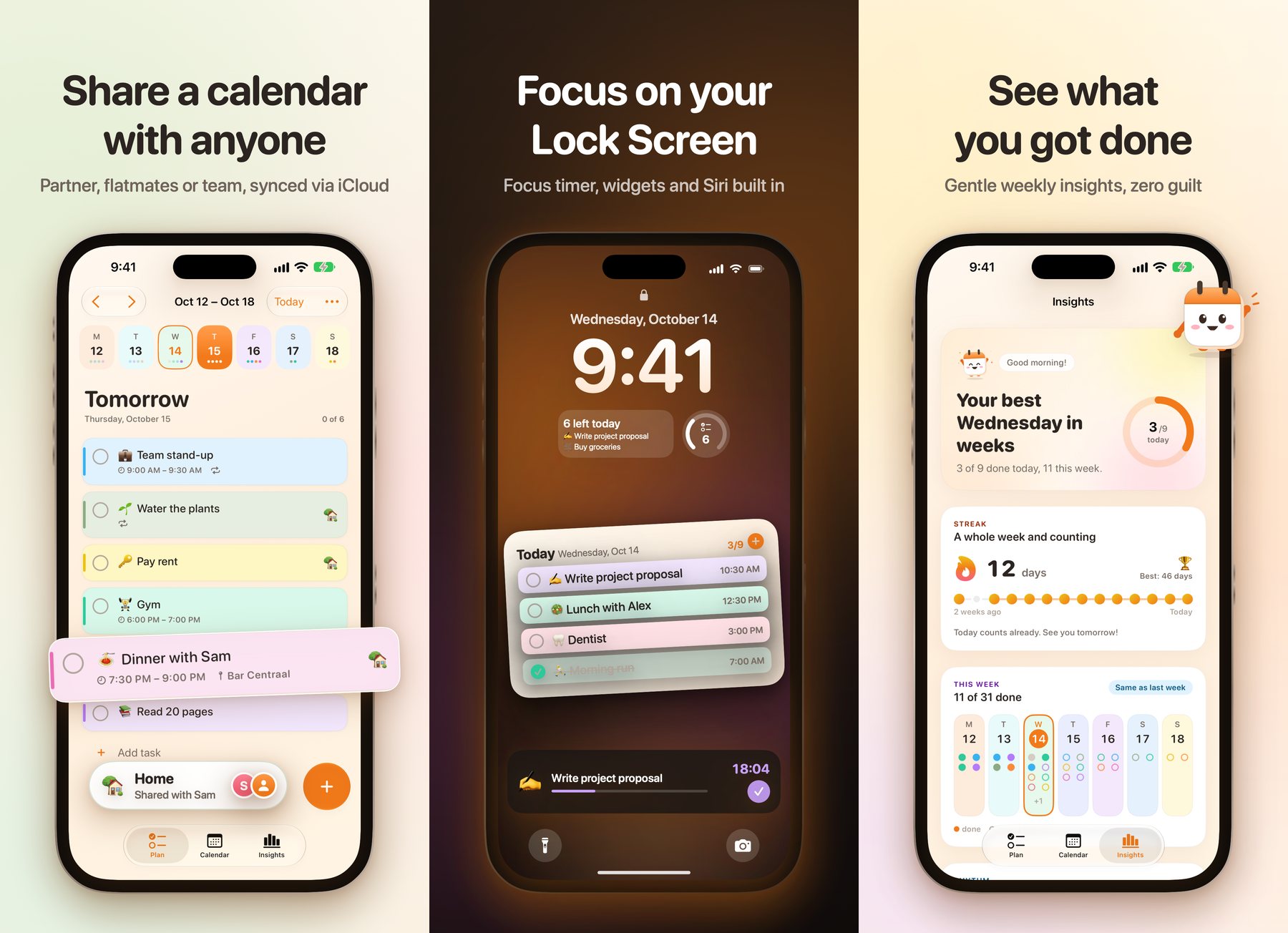 Drie App Store-screenshots: een gedeelde agenda met een huisgenoot, een focustimer op het toegangsscherm en wekelijkse inzichten
