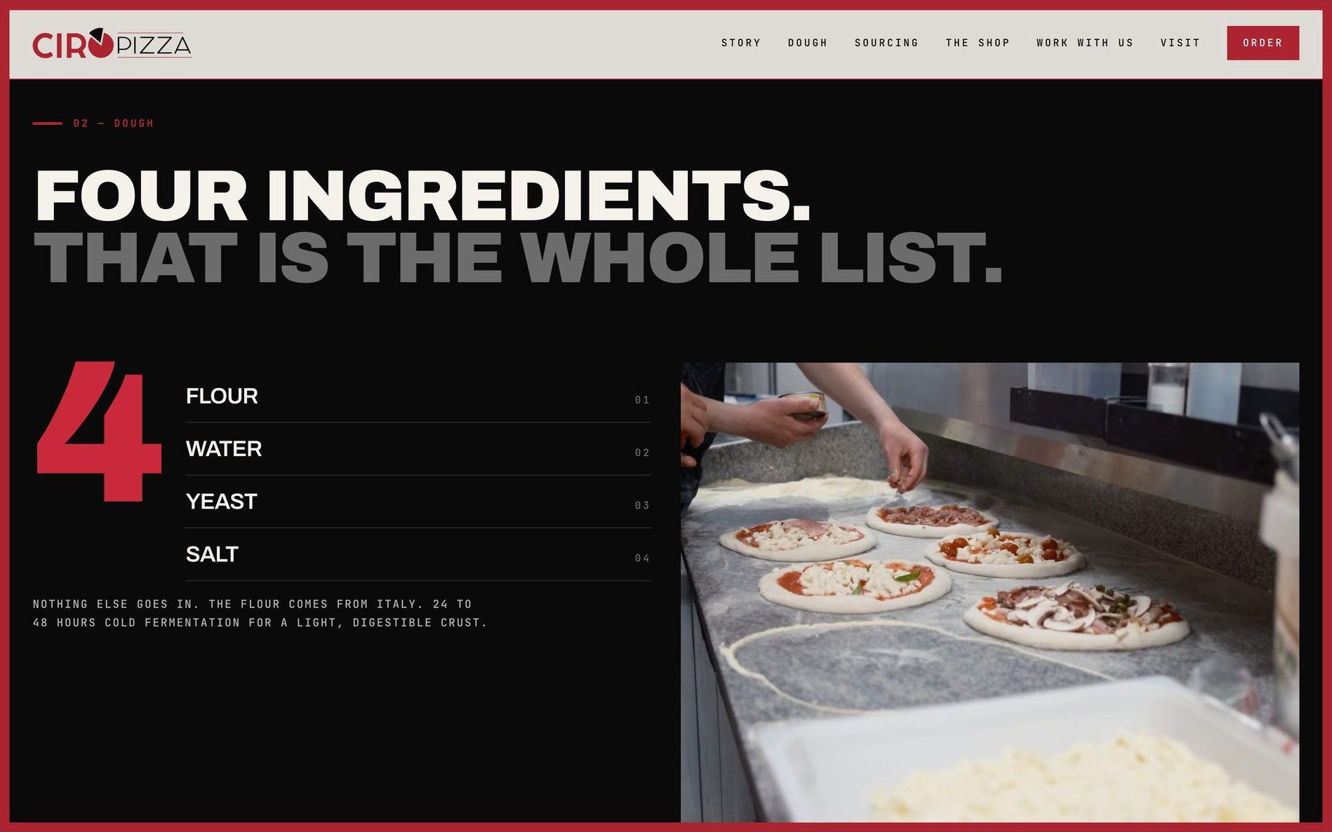 Der Teig-Bereich auf ciropizza.nl: Vier Zutaten, Mehl, Wasser, Hefe und Salz, neben einem Foto von Pizzen beim Belegen