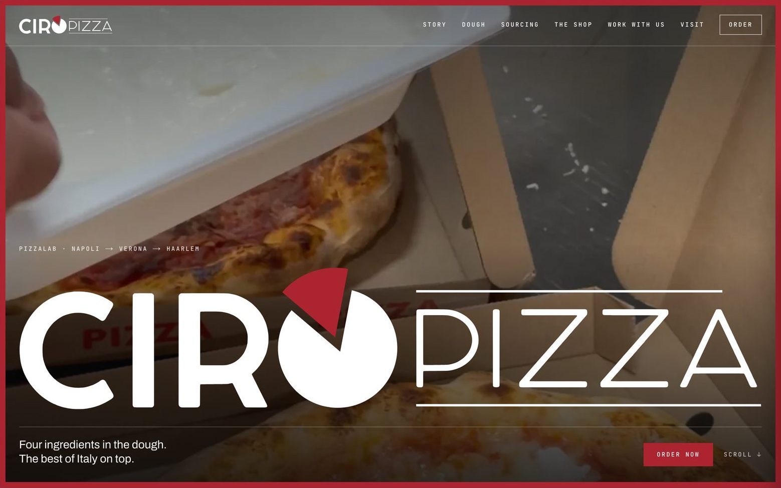 Der Einstieg von ciropizza.nl: Das Ciro-Pizza-Logo über einem Video aus dem Lokal mit der Zeile Vier Zutaten im Teig, das Beste aus Italien darauf
